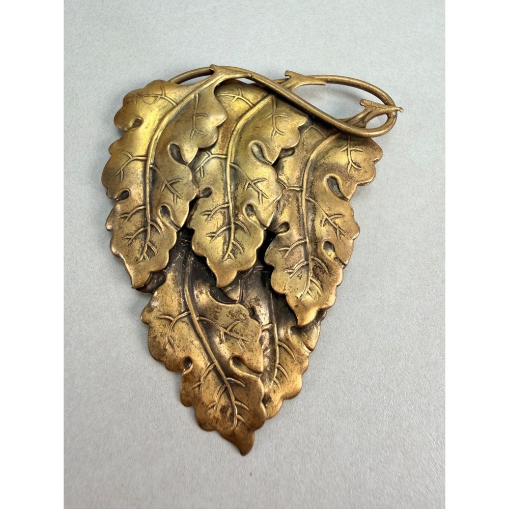 Large Antique Brass Layered Leaf Brooch Botanical Statement Figural Pin